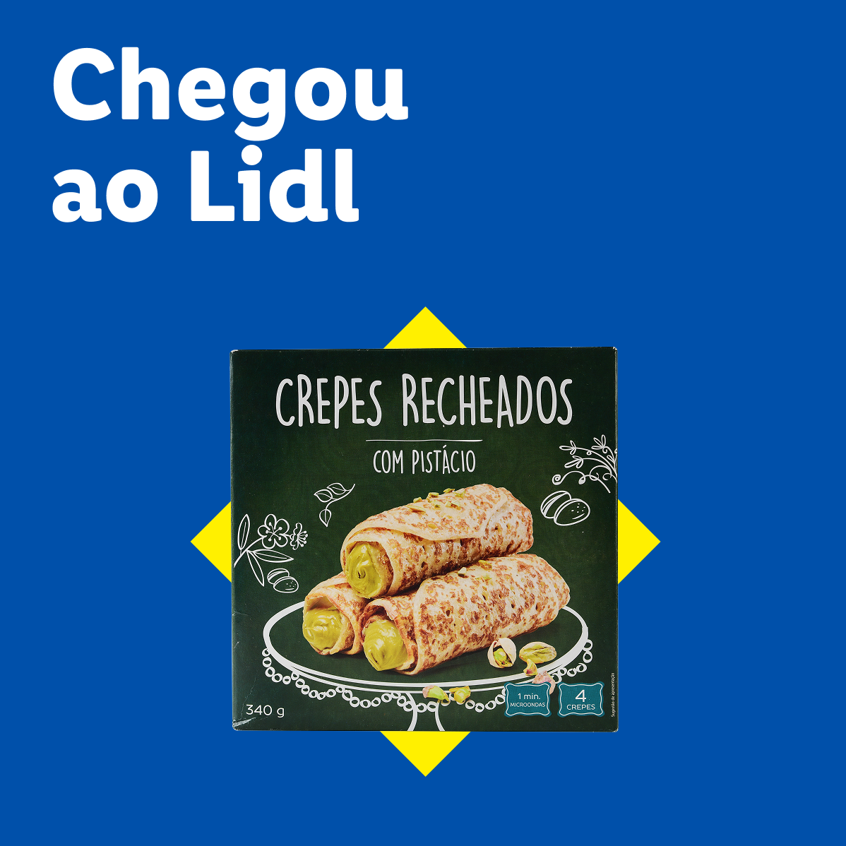 Caixa de crepes recheados com pistácio, com o texto 'Chegou ao Lidl'.