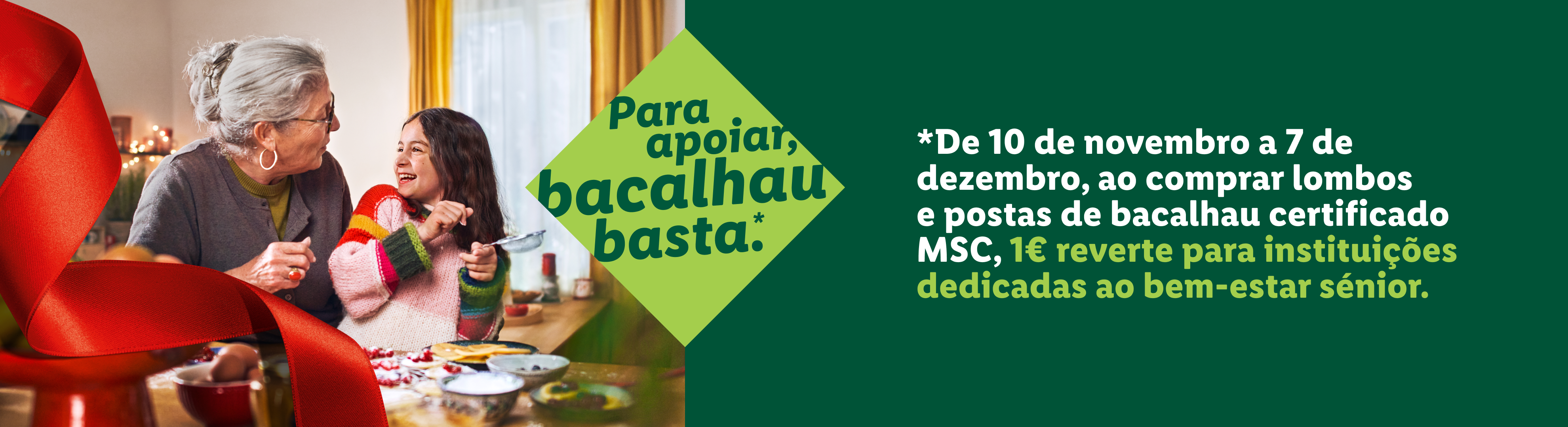 Avó e neta a preparar bacalhau, com texto sobre doação para bem-estar sénior.