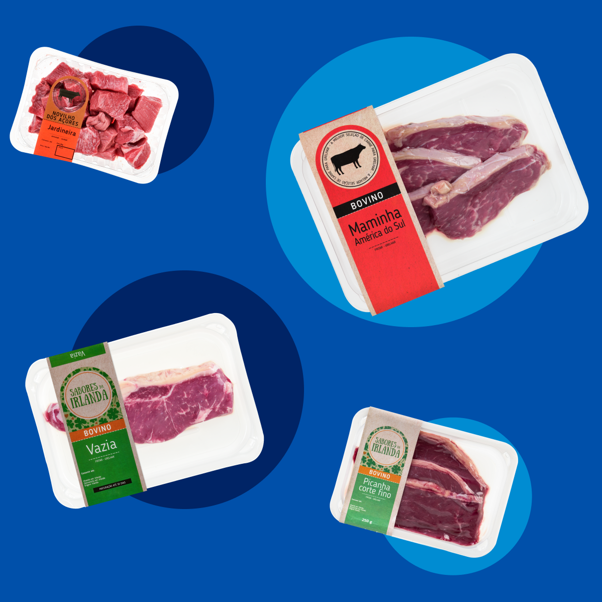 Quatro embalagens de carne de vaca, incluindo carne picada, maminha, vazia e picanha.
