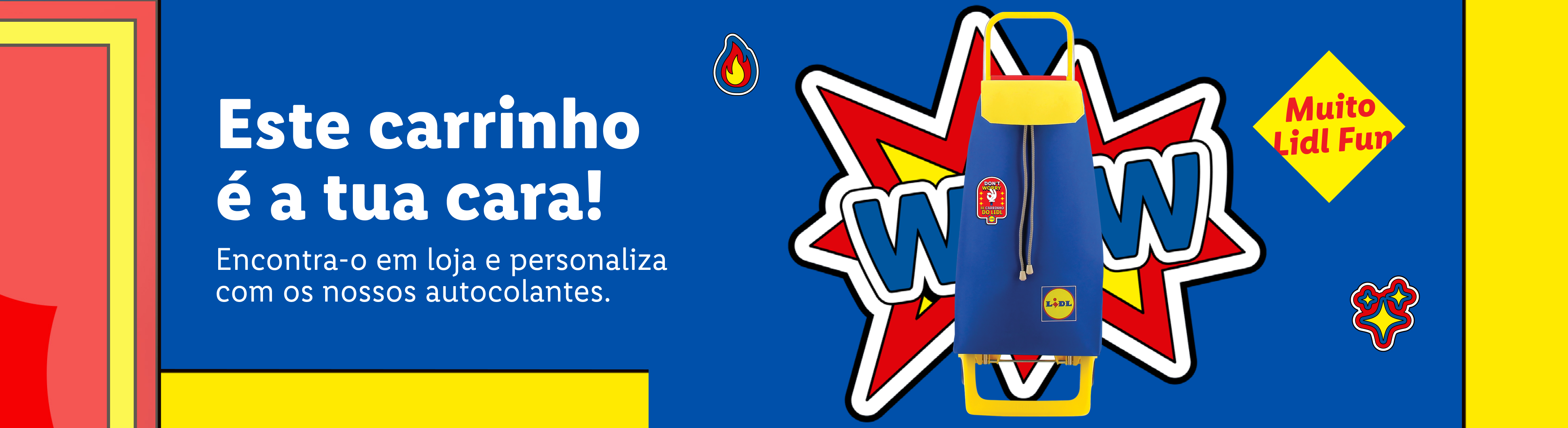 Um carrinho de compras Lidl azul com o texto 'Este carrinho é a tua cara!' e 'Muito Lidl Fun'.