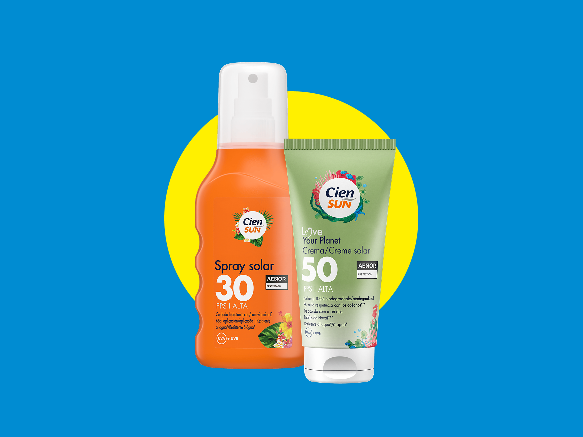 Dois protetores solares, um spray FPS 30 e um creme FPS 50, com o tema 'Love Your Planet'.