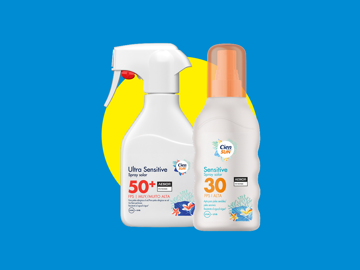 Dois sprays solares, um Ultra Sensitive FPS 50+ e outro Sensitive FPS 30, em fundo azul.