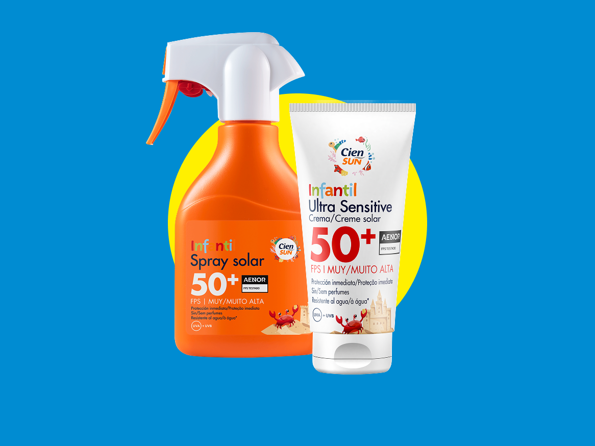 Dois protetores solares infantis com FPS 50+, um em spray e outro em creme, ambos resistentes à água.