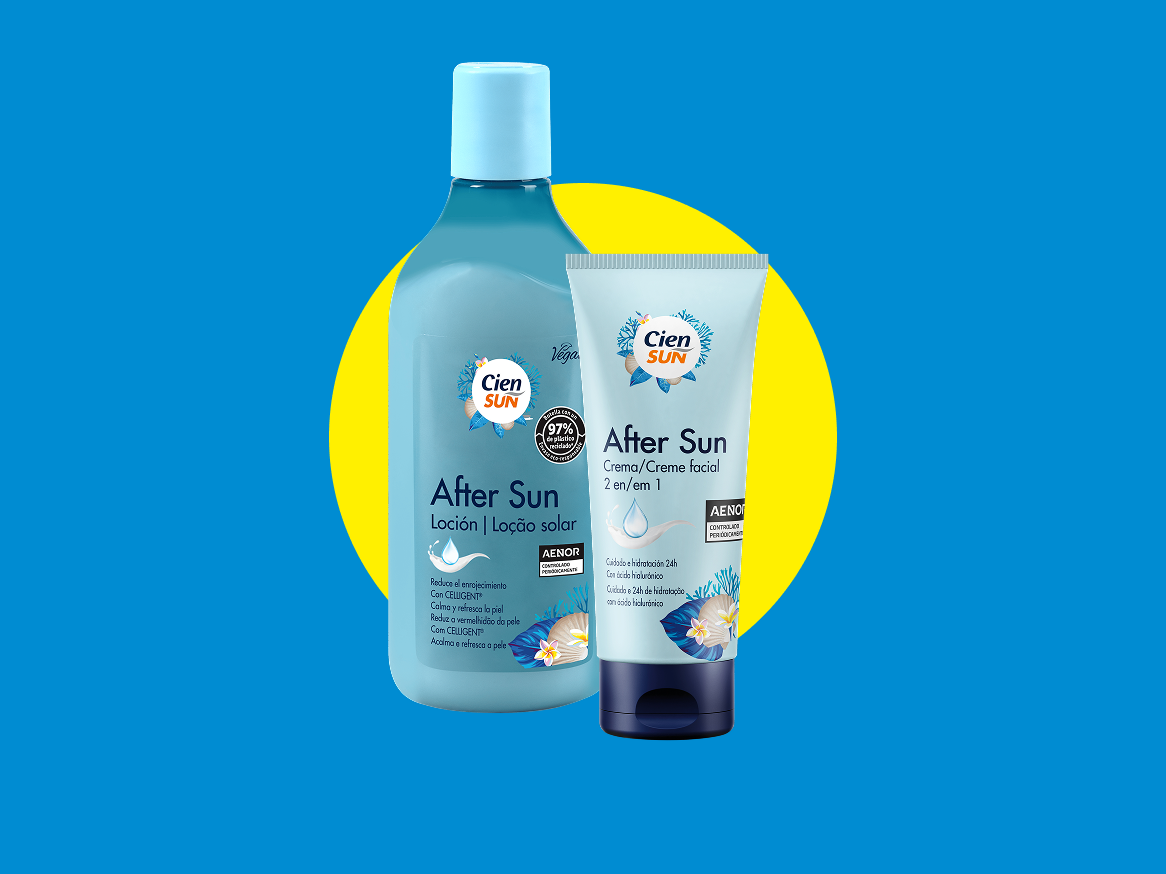Loção e creme facial pós-solar com 97% de plástico reciclado.