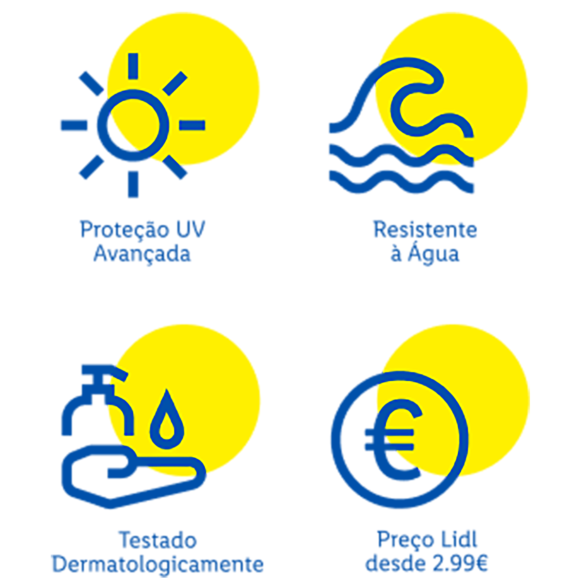 Ícones de proteção UV avançada, resistente à água, testado dermatologicamente e preço a partir de 2,99€.