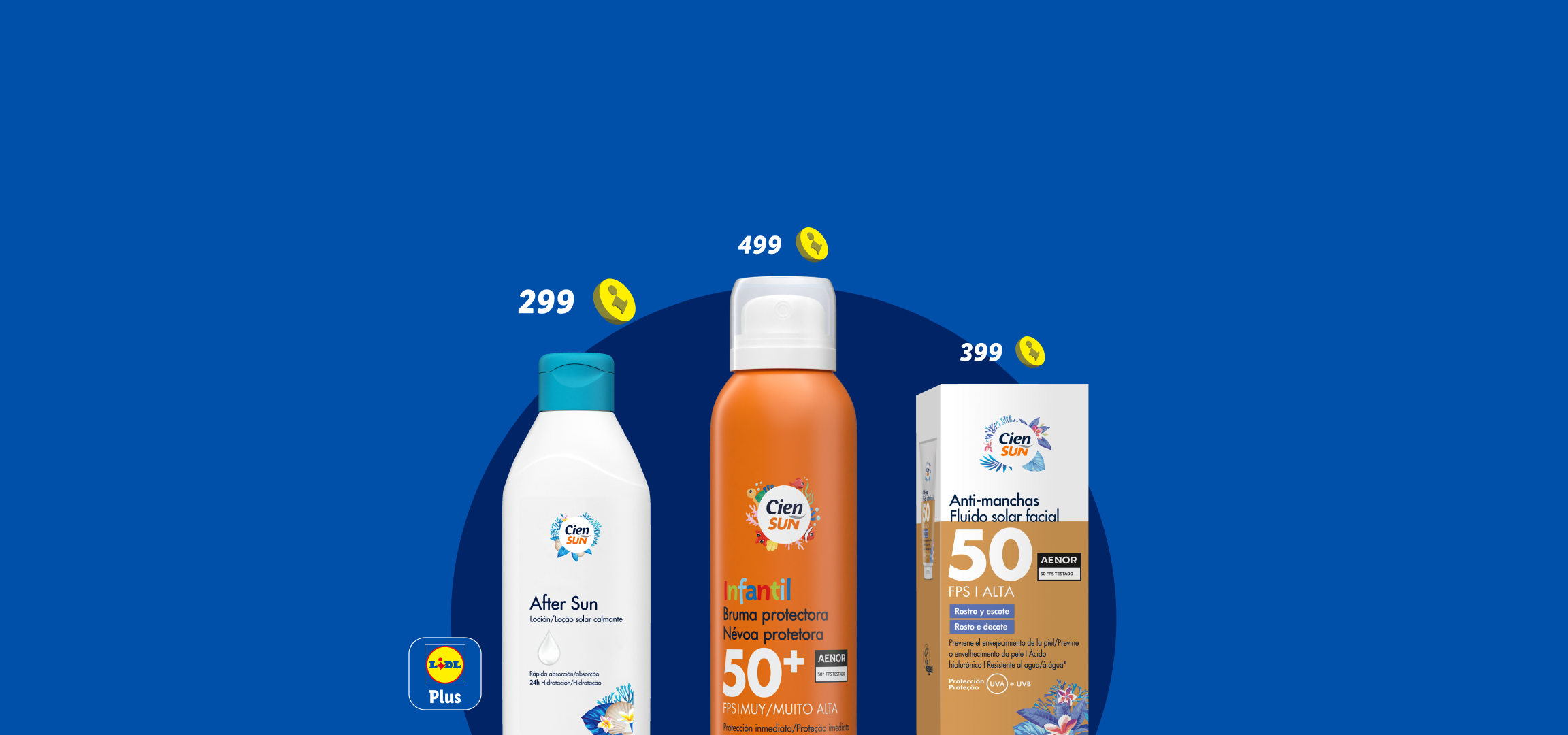 Três produtos de proteção solar: loção pós-sol, protetor solar infantil em spray e fluido solar facial anti-manchas, com preços.