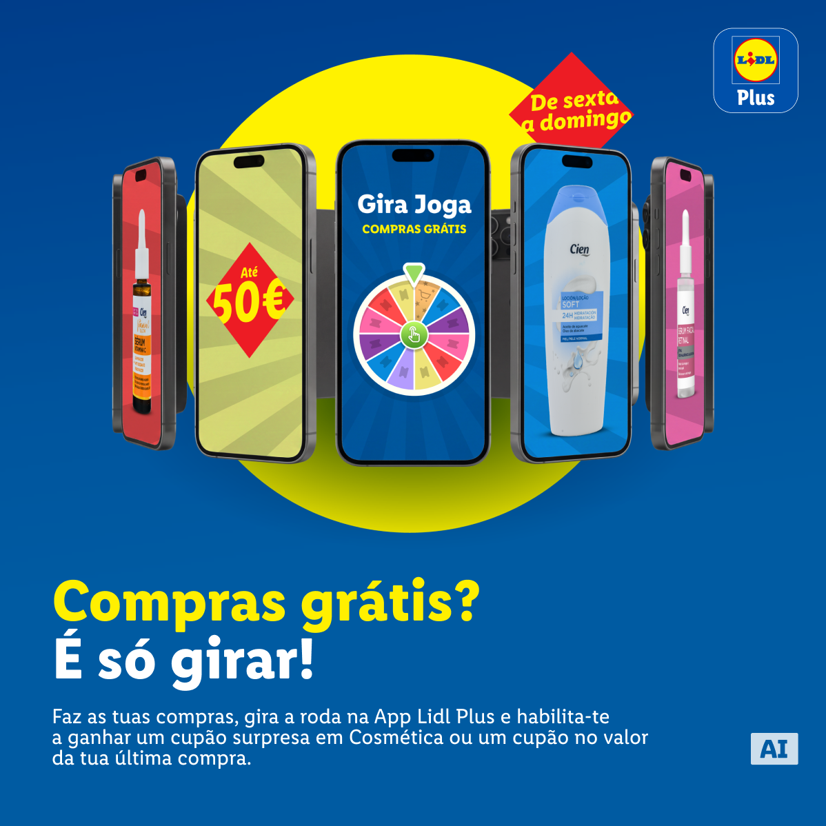 Campanha promocional de aplicação móvel com roda da sorte para ganhar cupões de cosmética ou compras grátis.