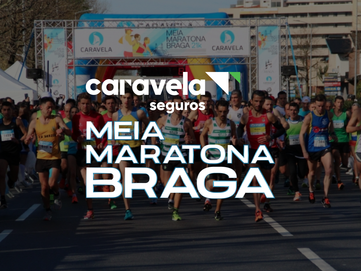 Corredores a participar numa meia maratona, com o texto 'MEIA MARATONA BRAGA' em destaque.