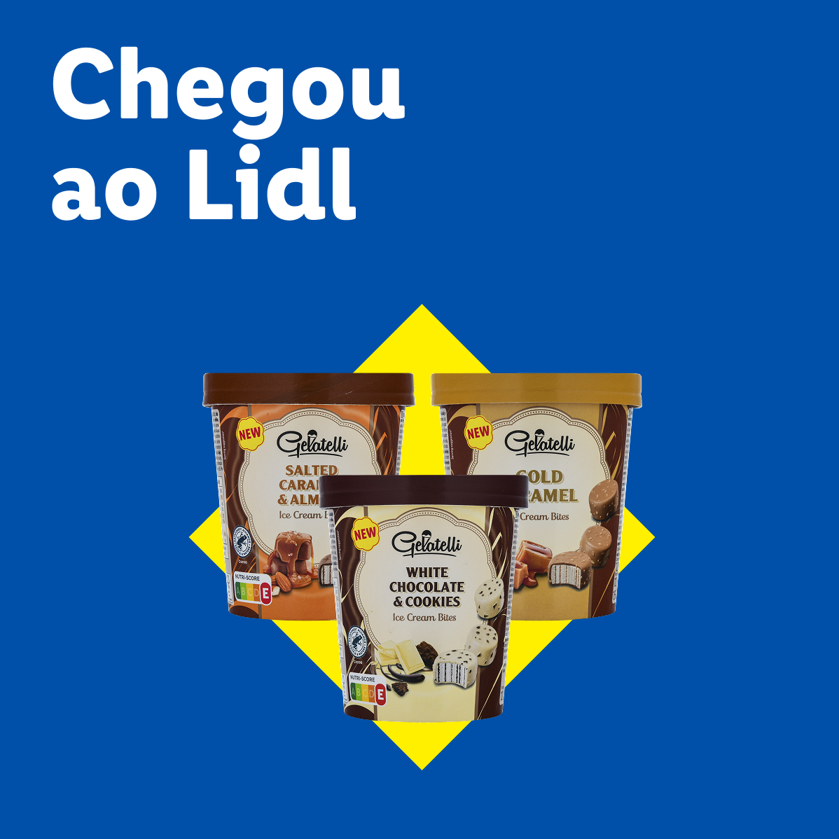 Novos gelados de chocolate branco e bolacha, caramelo salgado e amêndoa, e caramelo dourado. Chegou ao Lidl.