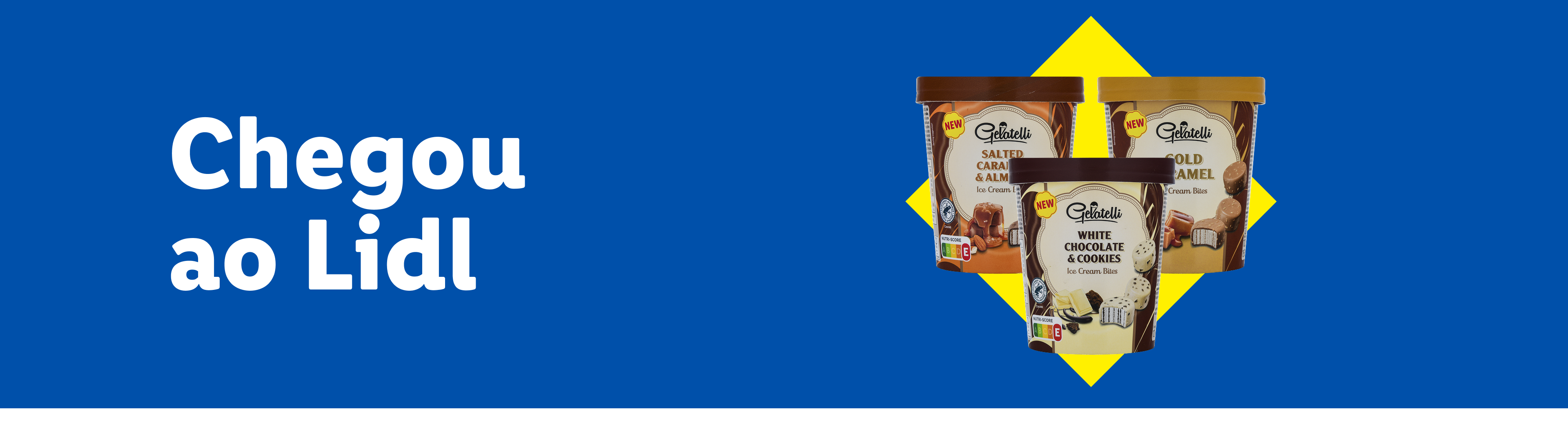 Novos gelados de chocolate branco e bolacha, caramelo salgado e amêndoa, e caramelo dourado. Chegou ao Lidl.