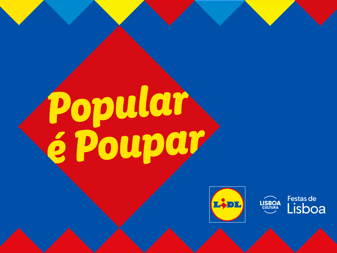 Fundo azul com losango vermelho e texto amarelo 'Popular é Poupar', com bandeirinhas coloridas no topo e base.