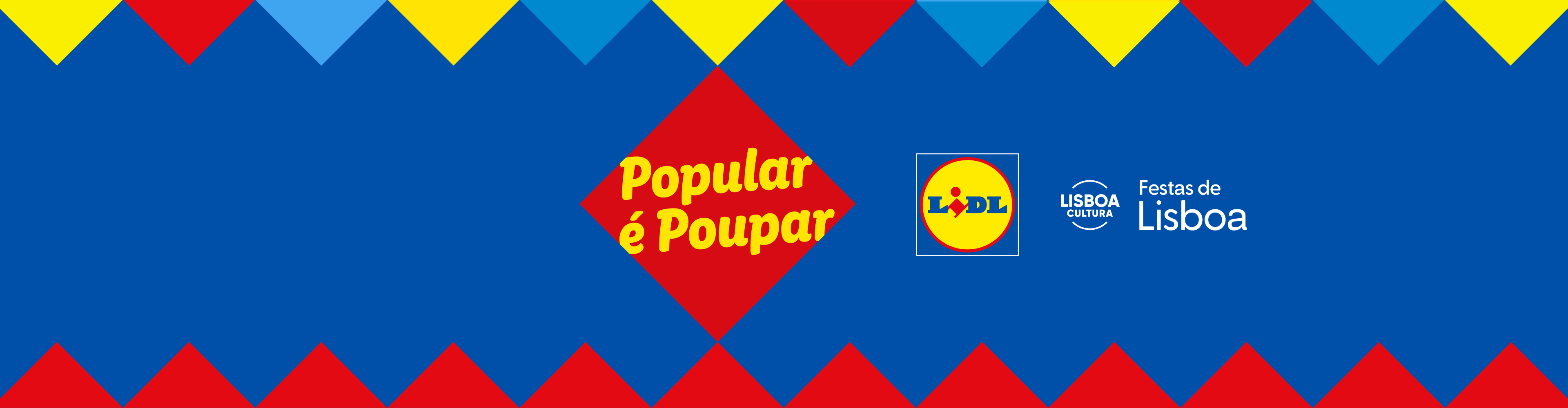 Fundo azul e vermelho com losango vermelho central e texto amarelo 'Popular é Poupar', com logótipos de eventos culturais.