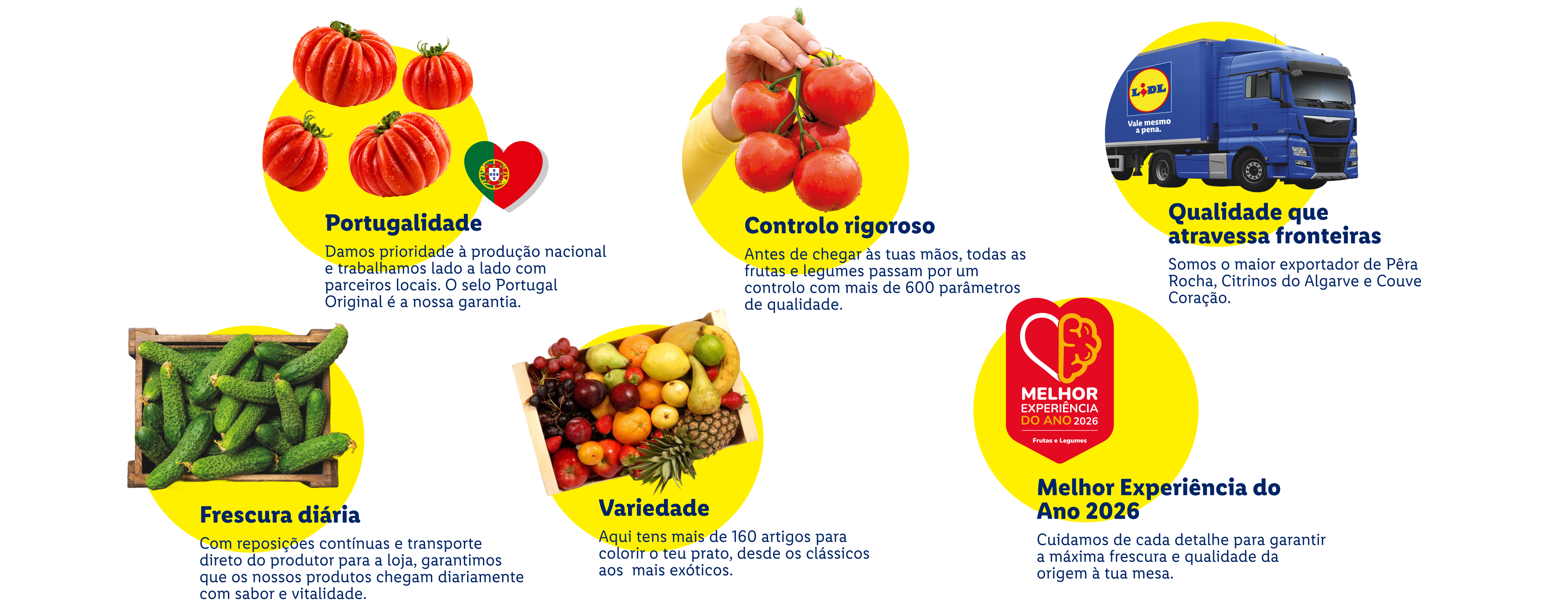 Uma colagem de frutas e vegetais frescos, destacando pepinos, tomates, uma variedade de frutas e um camião de entrega.
