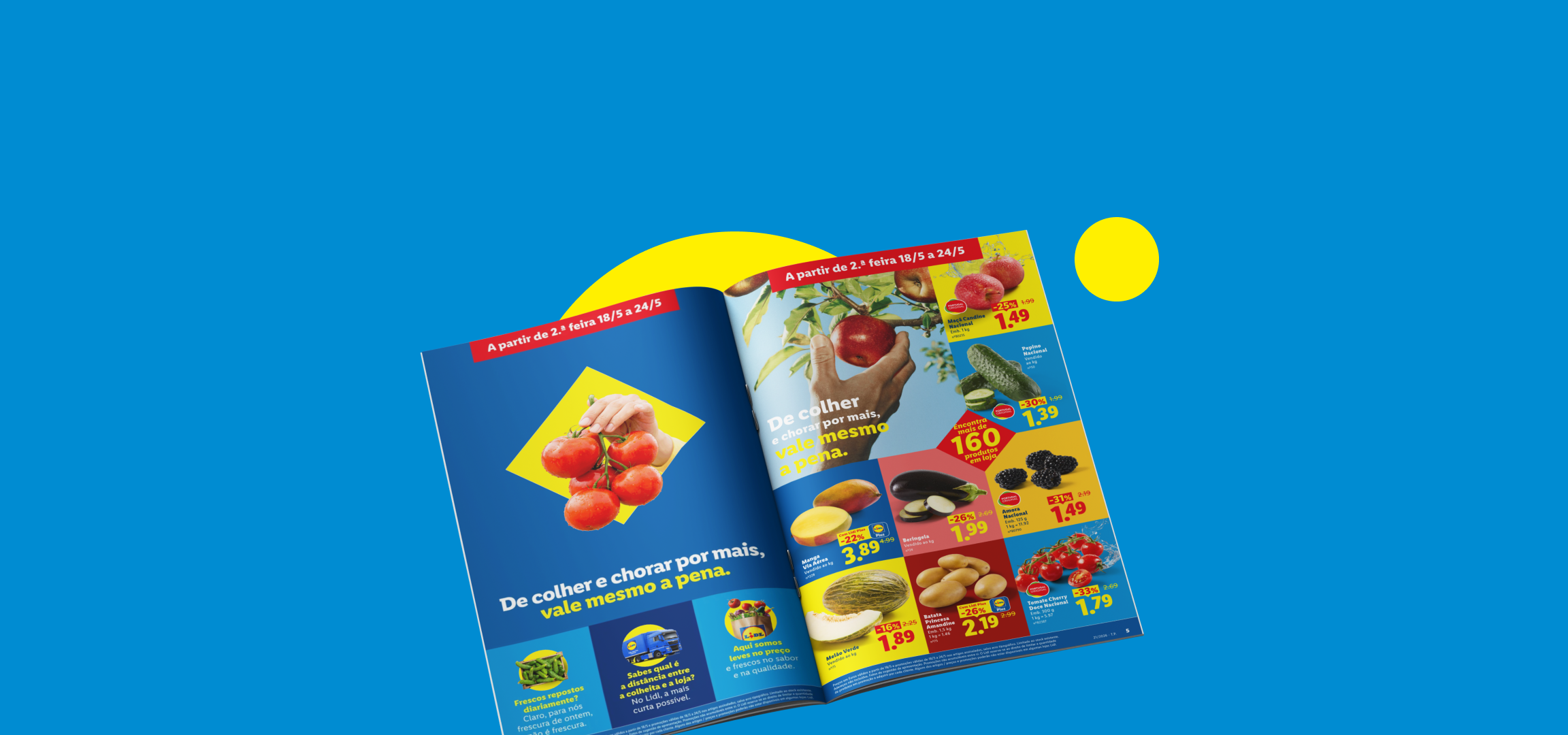 Folheto de supermercado com maçãs, pepinos, mangas, beringelas, amoras, batatas e tomates cereja.