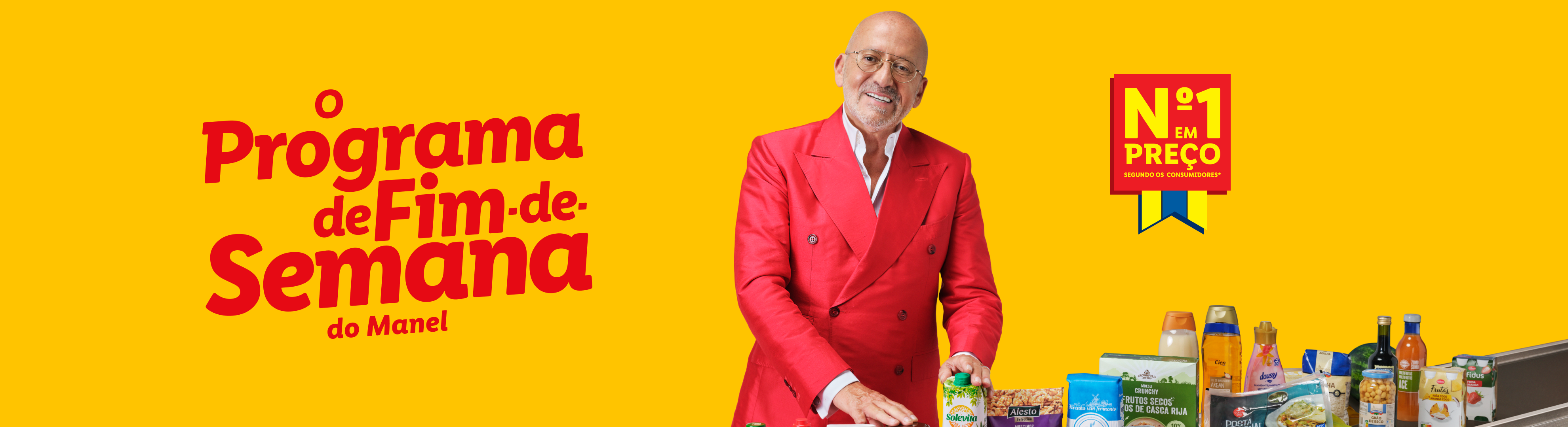 Manel Goucha com produtos Lidl, incluindo cereais, sumos e produtos de higiene, e o selo 'Nº1 em Preço'.