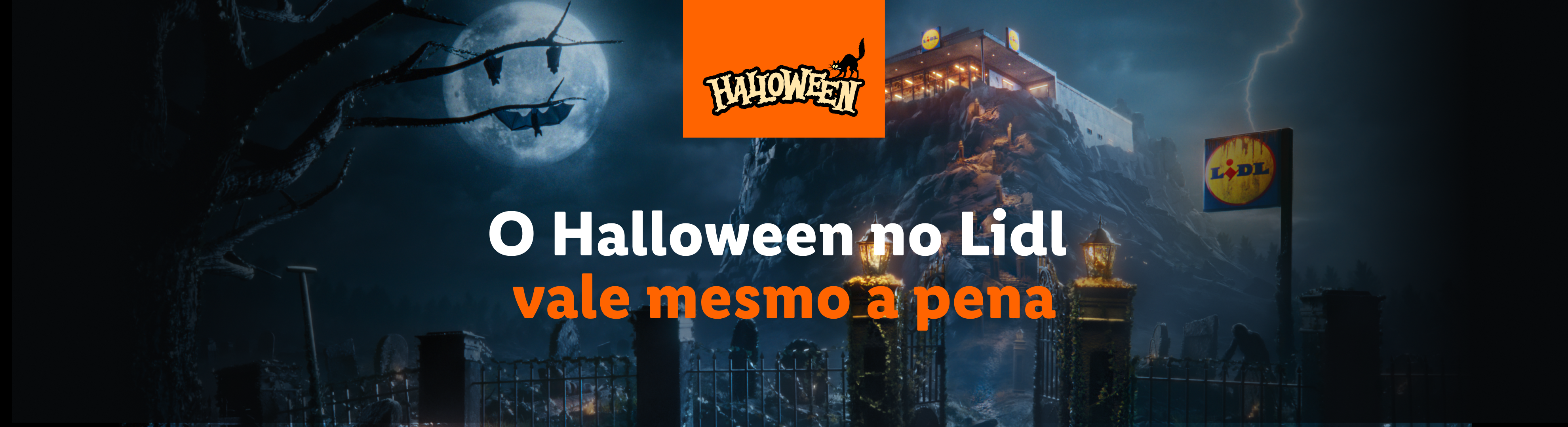 Um anúncio de Halloween do Lidl com um castelo assustador e um cemitério.