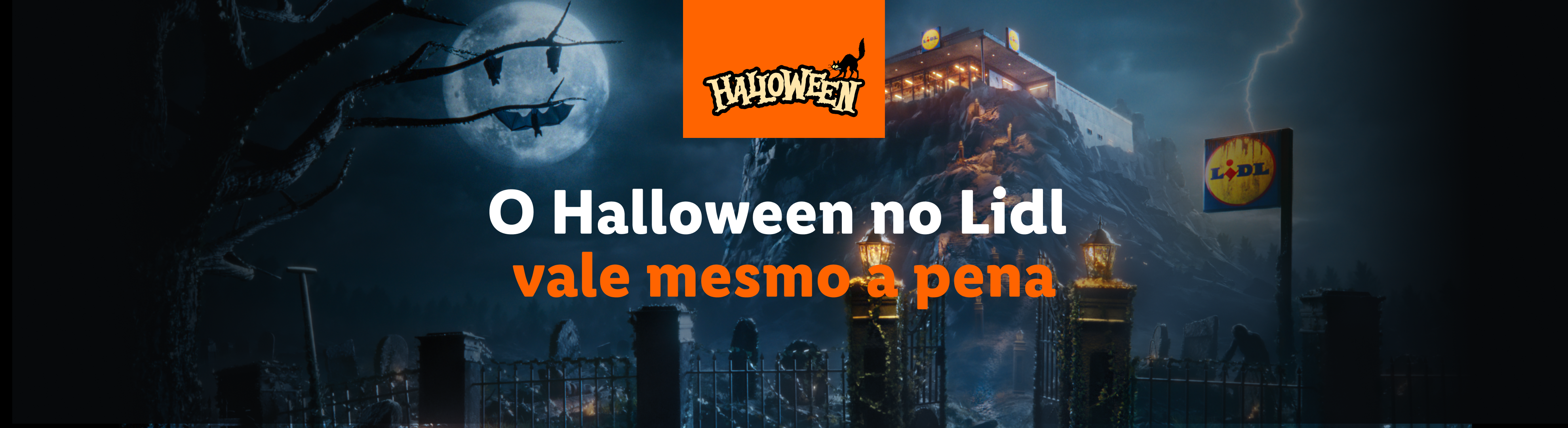 Lidl Halloween: Um castelo assustador com um cemitério e morcegos, sob uma lua cheia.