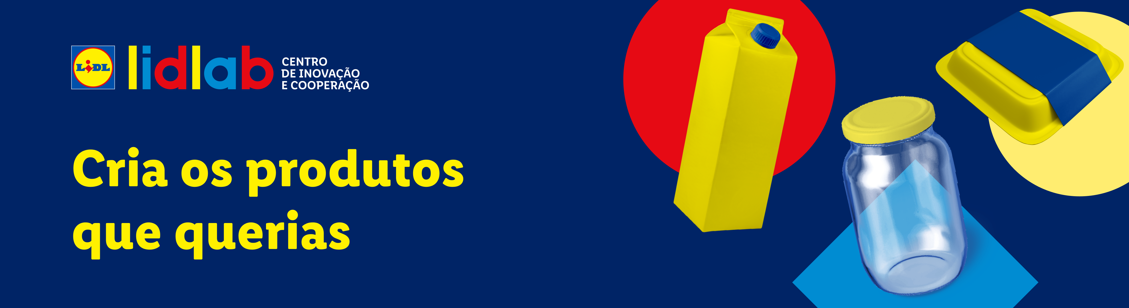 Lidl Lab: Cria os produtos que querias. Embalagens de produtos em amarelo e azul.