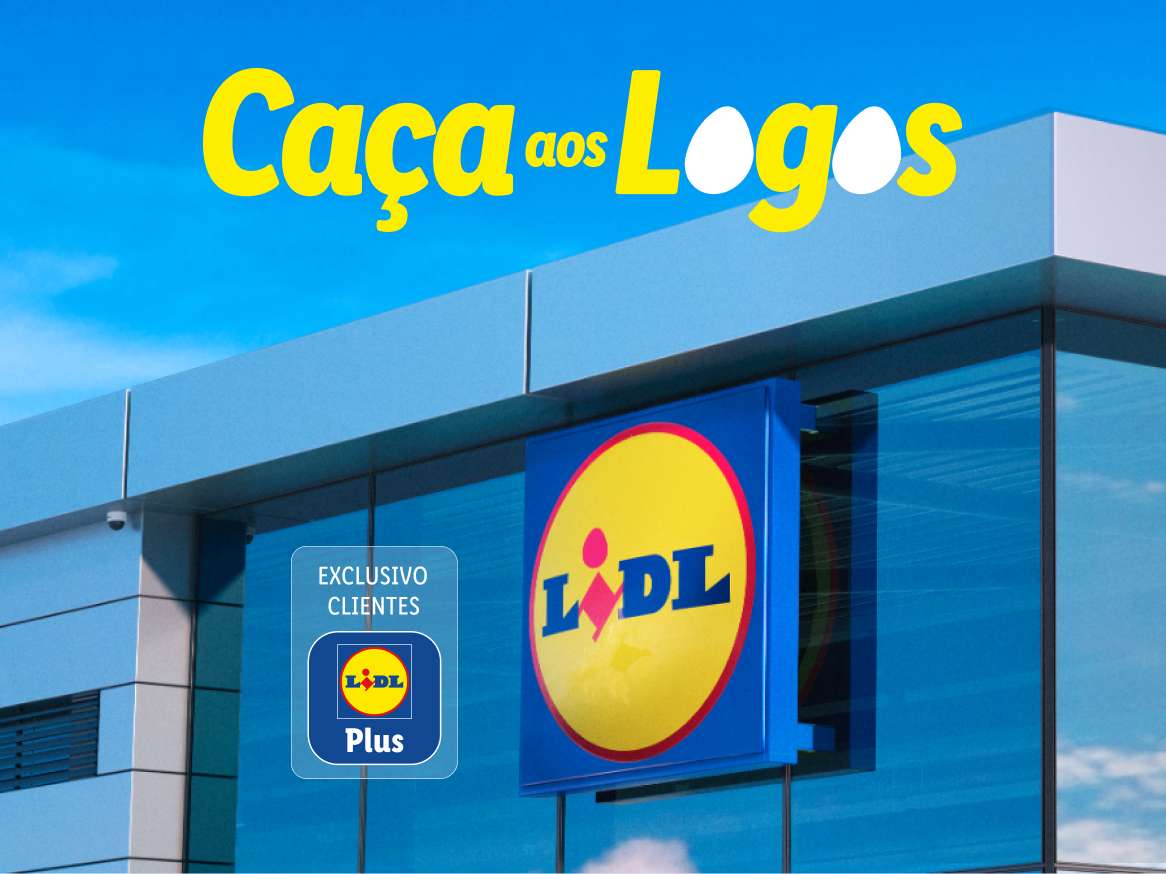 Fachada de loja com o logótipo da marca e texto 'Caça aos Logos' e 'Exclusivo Clientes Plus'.