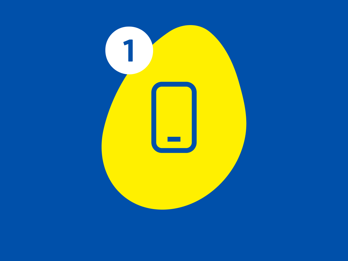 Um telefone celular dentro de uma forma amarela, com um círculo branco contendo o número 1.