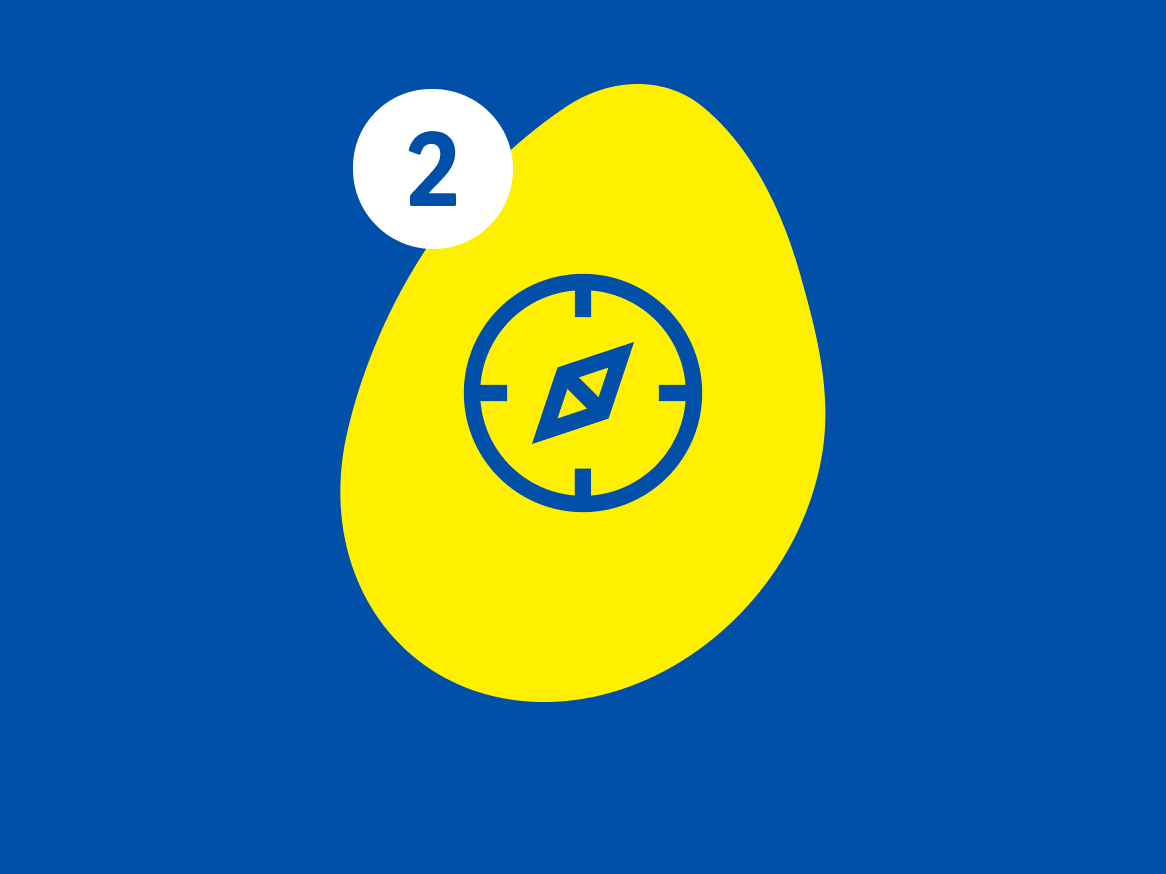 Um ícone de bússola azul dentro de uma forma amarela, com um círculo branco contendo o número 2.