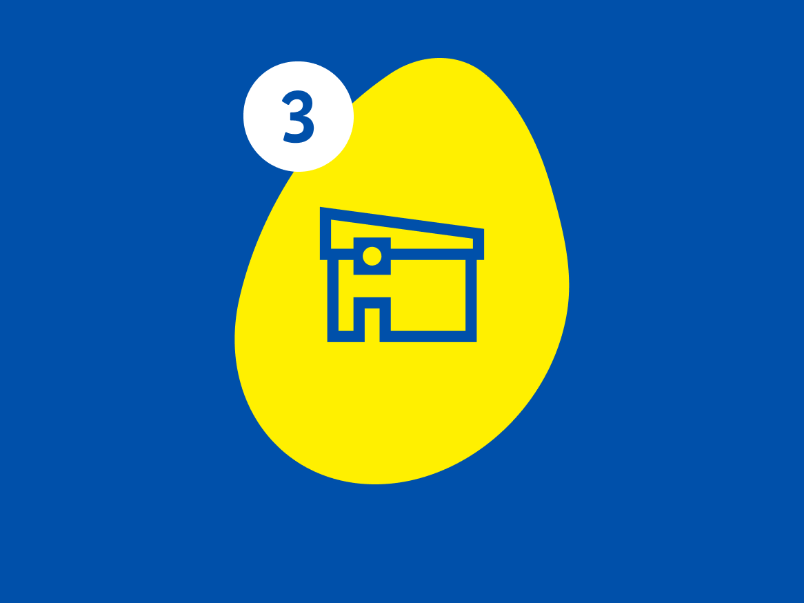 Ícone de uma casa com um telhado inclinado e um número 3, sobre um fundo azul e amarelo.