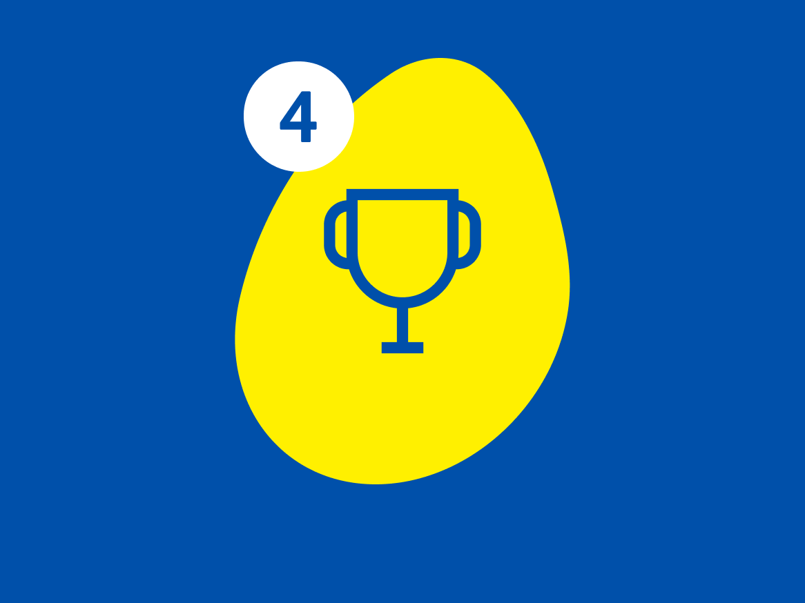 Ícone de troféu azul dentro de uma forma amarela, com o número 4 num círculo branco.