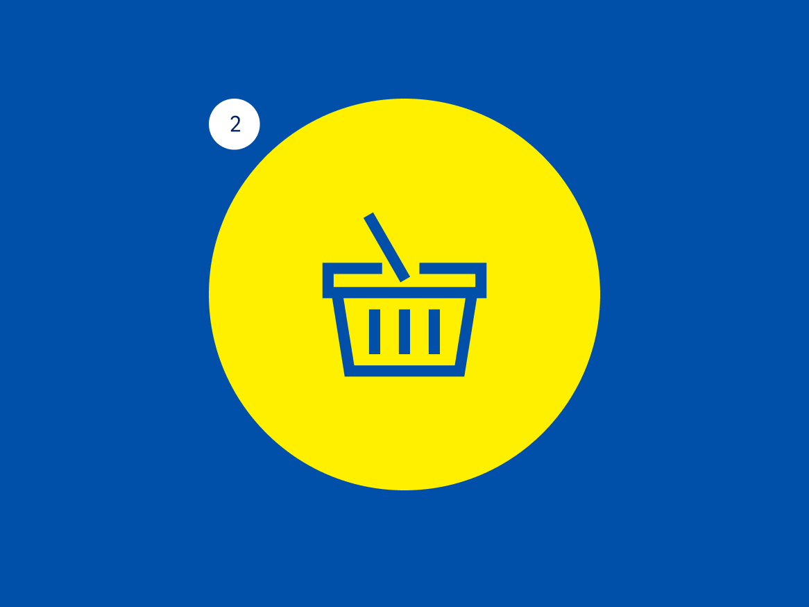 Ícone de cesto de compras com o número 2, sobre um fundo azul e amarelo.