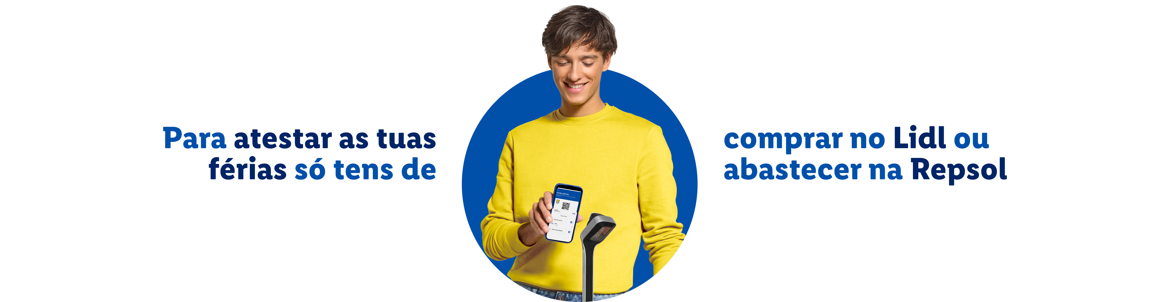 Homem sorridente a usar uma aplicação de telemóvel para comprar ou abastecer.