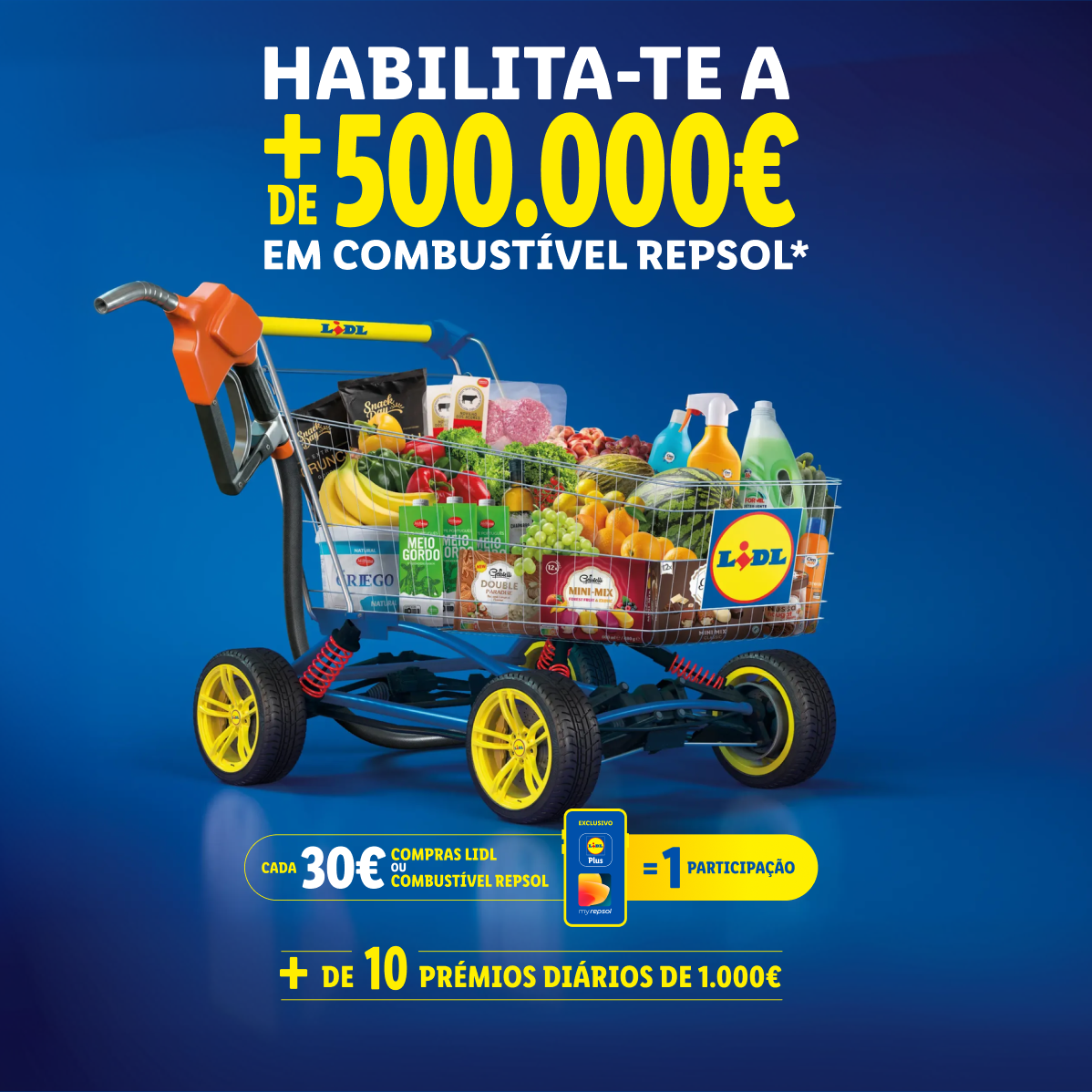 Carrinho de compras cheio de produtos frescos e de mercearia, com um bico de combustível, promovendo um prémio de combustível.