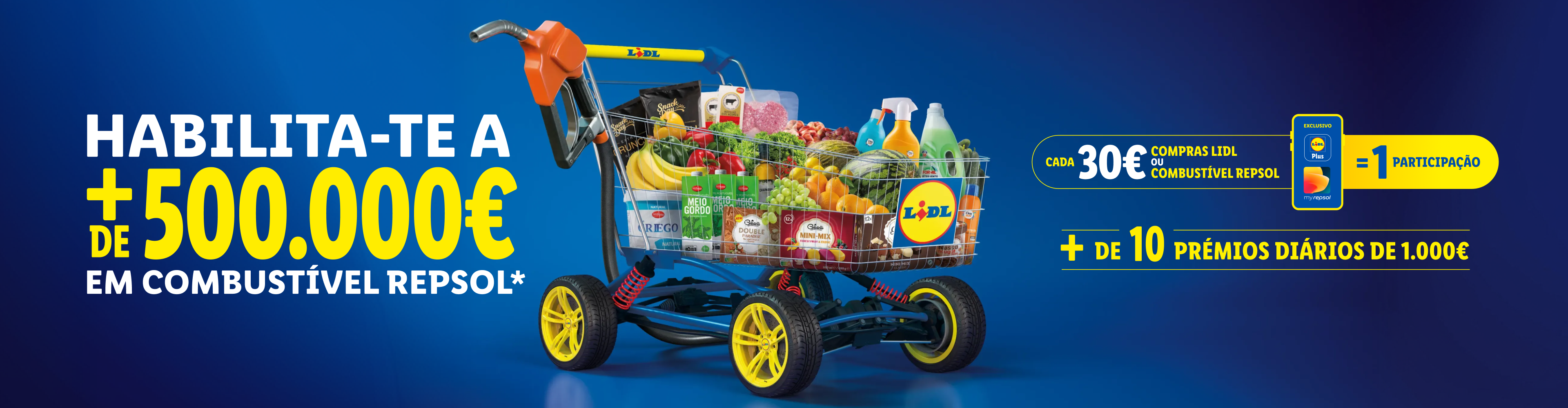 Carrinho de compras cheio de produtos frescos e de mercearia, com um bico de combustível, promovendo um prémio de combustível.
