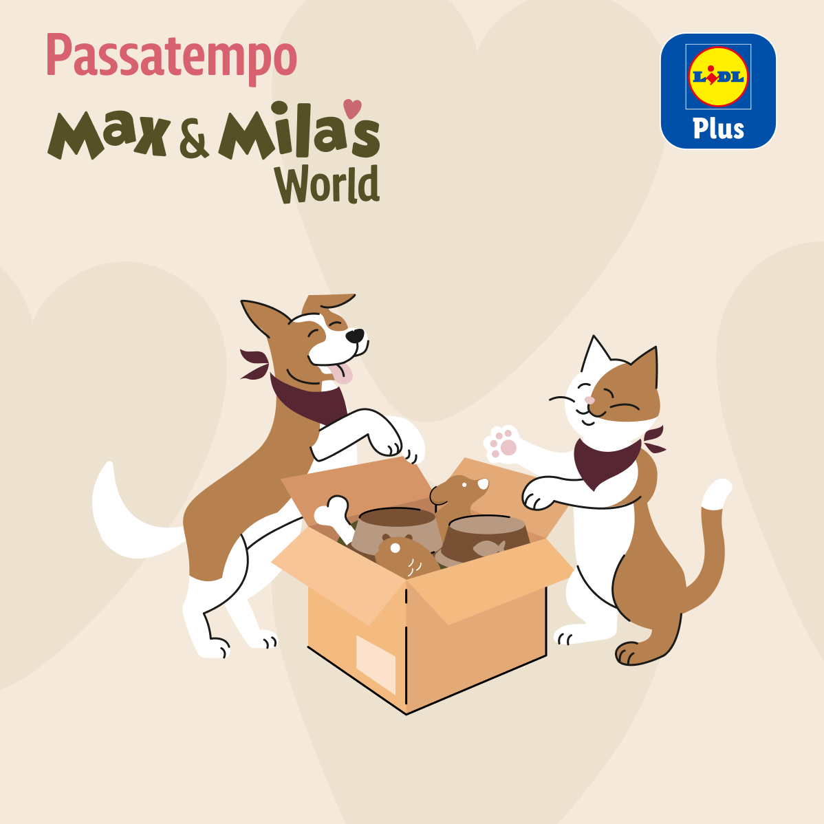 Passatempo com cão e gato a abrir uma caixa com brinquedos e taças de comida.