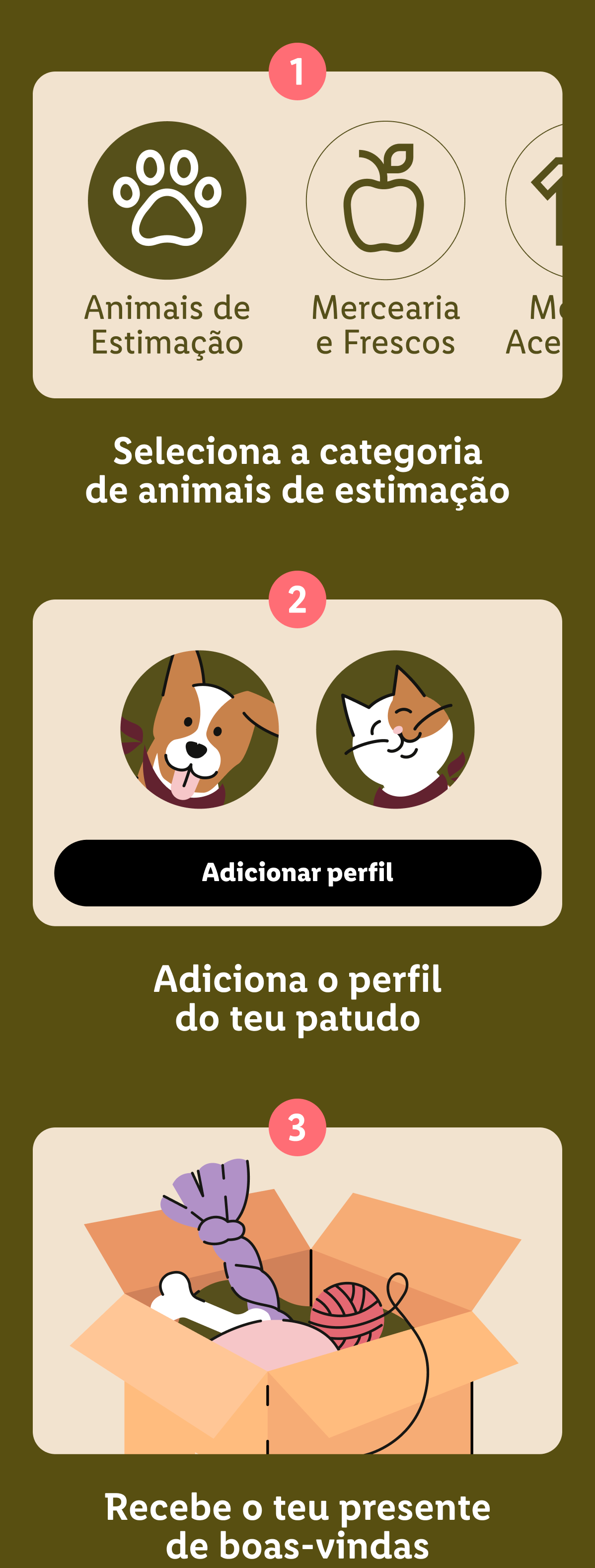 Infográfico de três passos para criar o perfil do seu animal de estimação e receber um presente.