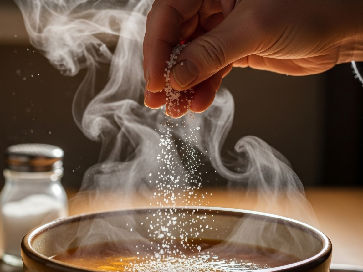 Mão a polvilhar sal sobre uma tigela de sopa quente e fumegante.
