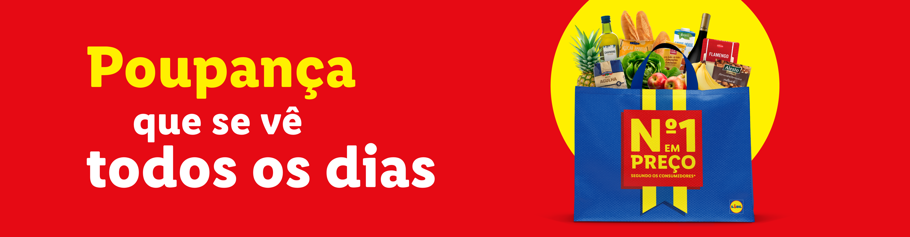 Saco de compras com produtos alimentares variados e texto 'Poupança que se vê todos os dias'.