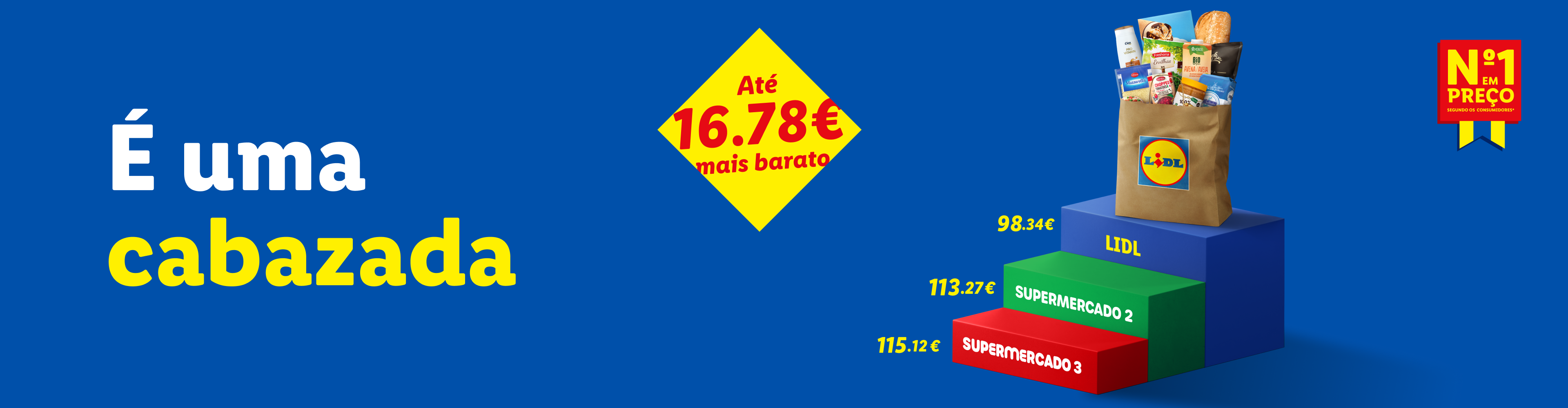 Saco de compras com produtos alimentares e de higiene, mostrando poupanças de até 16,78€ em comparação com outros supermercados.