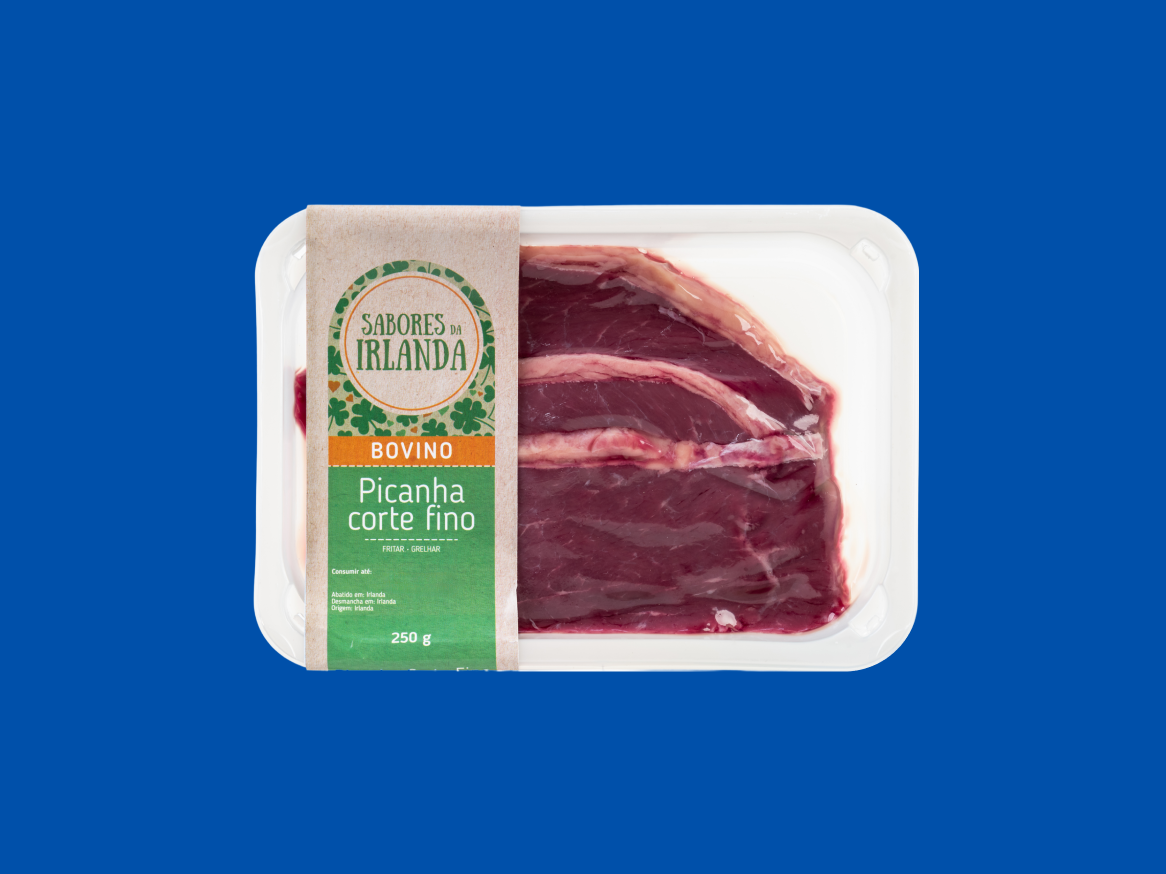 Bife de picanha de corte fino da Irlanda, 250g, pronto a fritar ou grelhar.