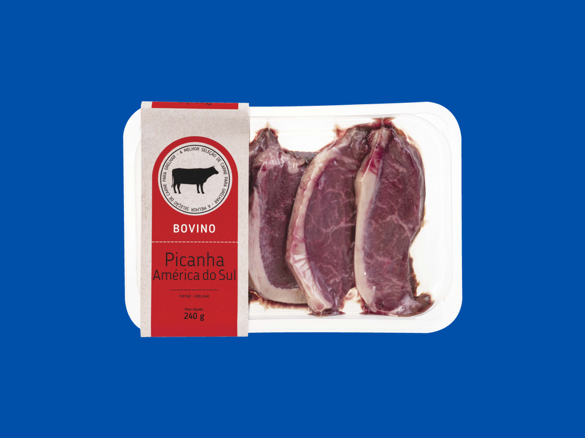 Bife de picanha bovina da América do Sul, 240g, para fritar ou grelhar.