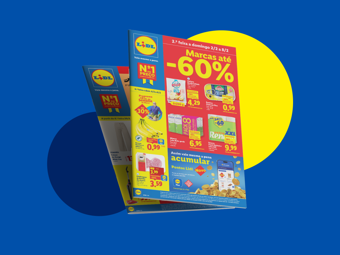 Folhetos do Lidl com promoções de até -60% em várias marcas, incluindo queijo, atum, bananas e detergente.