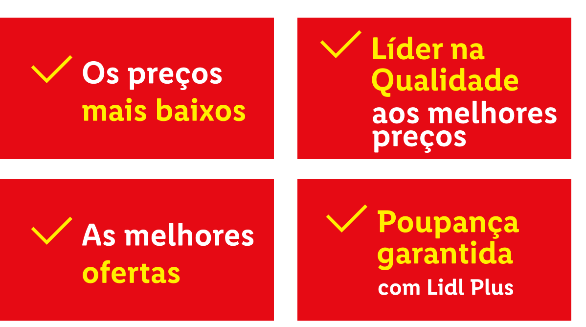 Quatro caixas vermelhas com texto branco e amarelo, destacando preços baixos, qualidade, ofertas e poupança.