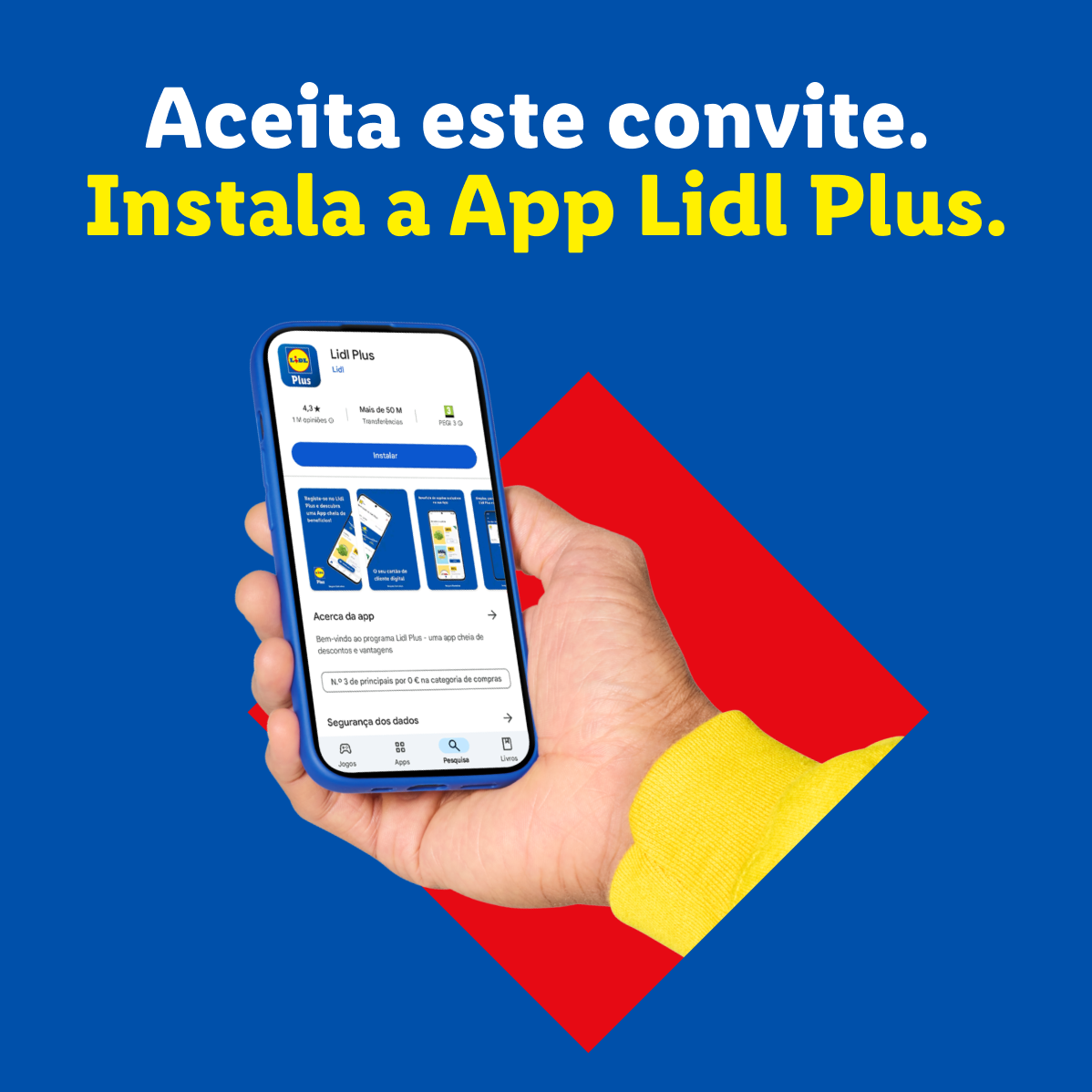 Um smartphone com o aplicativo Lidl Plus aberto e texto promocional em amarelo e branco.