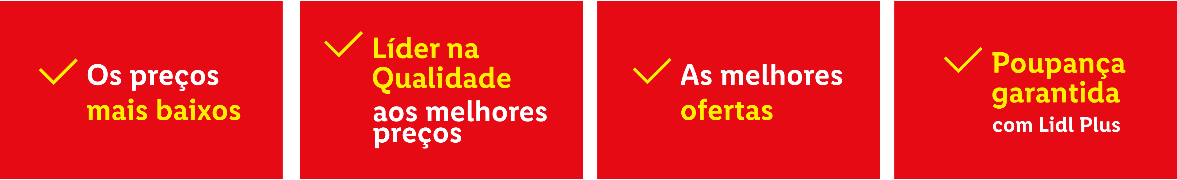 Quatro caixas vermelhas com texto branco e amarelo, destacando preços baixos, qualidade, ofertas e poupança.