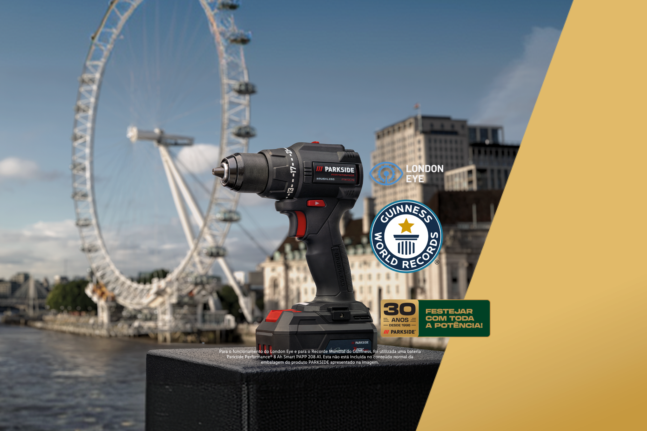 Berbequim sem fios com a London Eye ao fundo, celebrando 30 anos de potência.