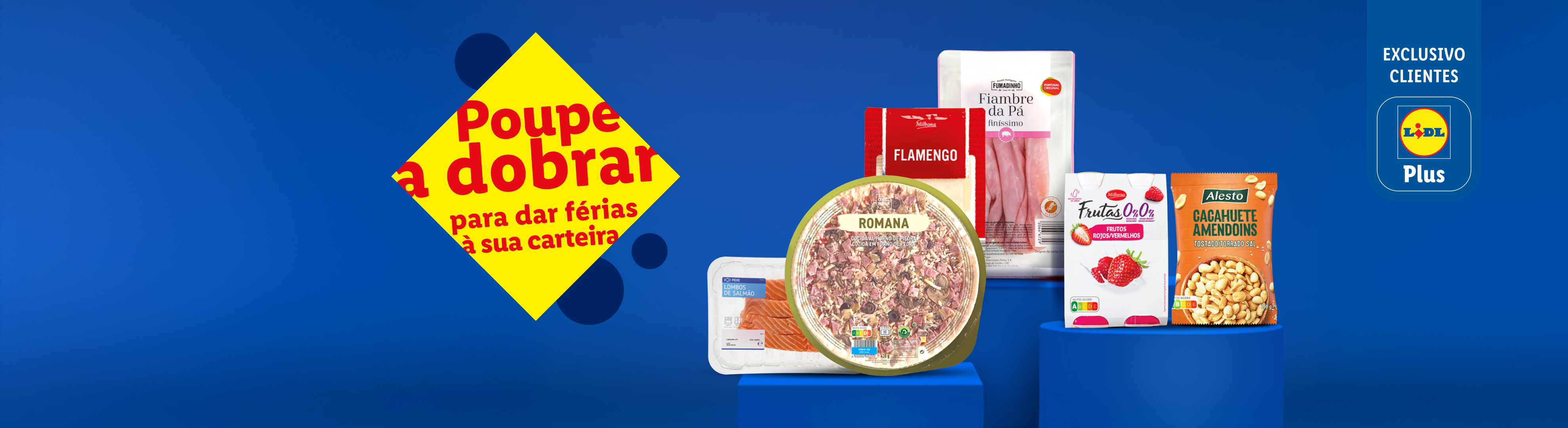 Uma variedade de produtos Lidl, incluindo fiambre, pizza, iogurte de frutas e amendoins.