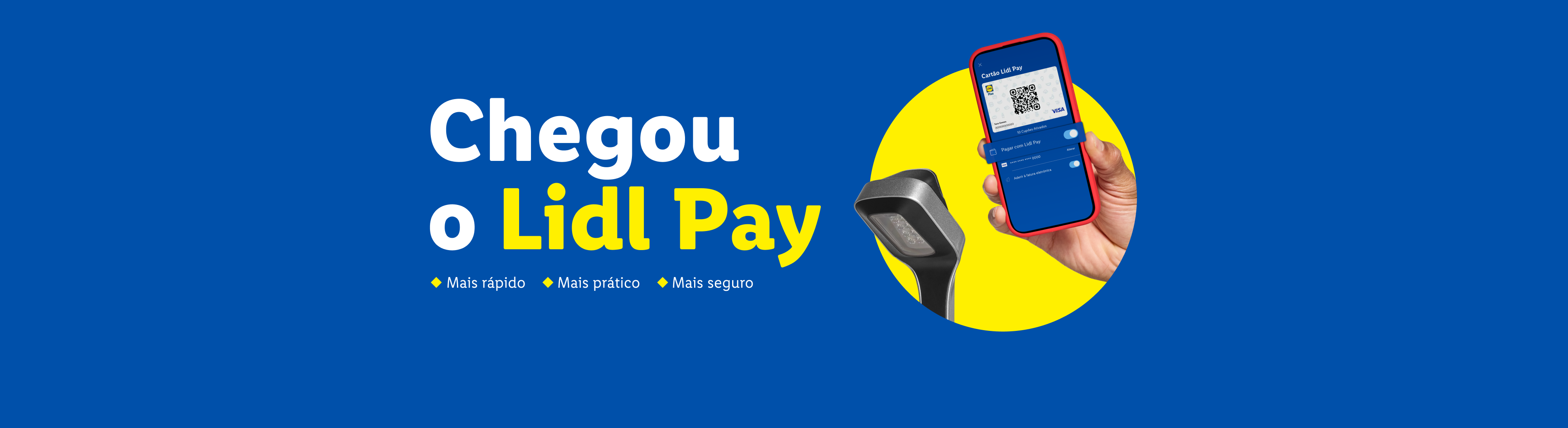 Um smartphone com o aplicativo Lidl Pay e um leitor de código de barras, com o texto 'Chegou o Lidl Pay'.