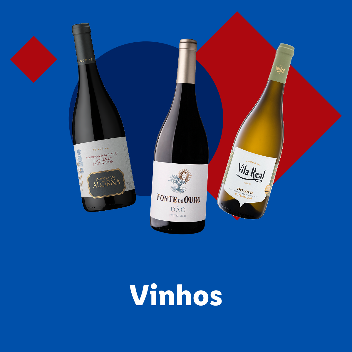 Três garrafas de vinho, duas tintas e uma branca, com a palavra 'Vinhos' em destaque.
