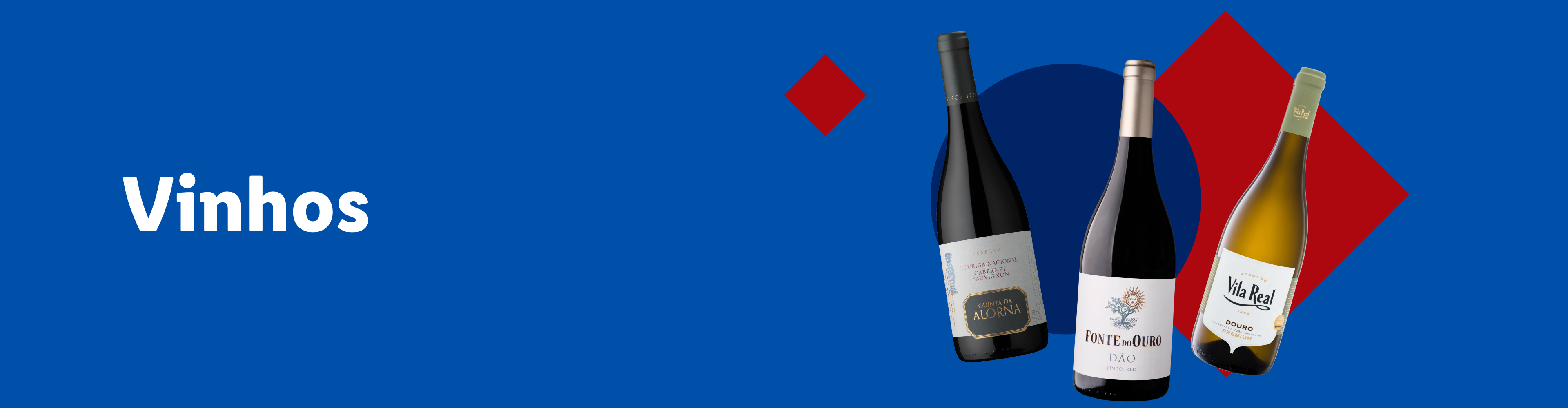 Três garrafas de vinho, duas tintas e uma branca, com a palavra 'Vinhos' em destaque.