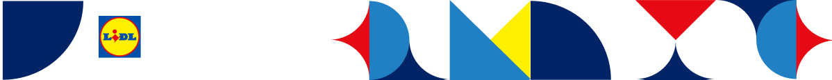 Logotipo Lidl Villages com fundo geométrico colorido.