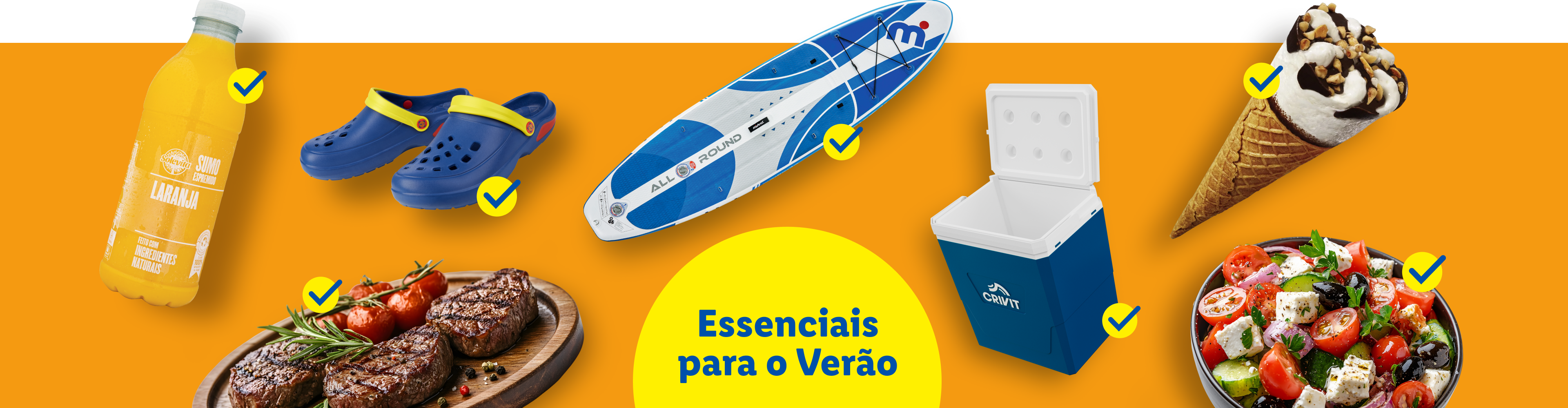 Essenciais para o Verão: prancha de SUP, cooler Crivit, sandálias, suco, churrasco e salada grega.
