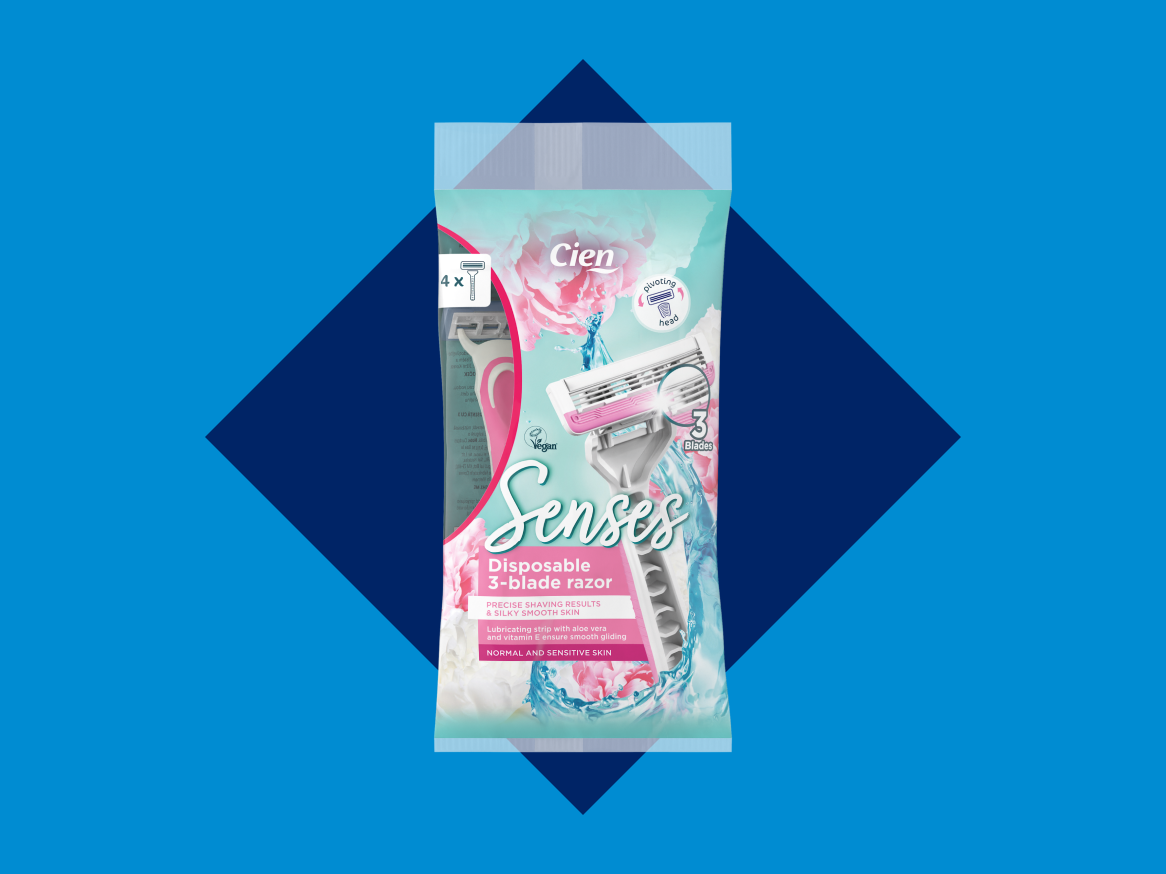 Pacotes de lâminas de barbear Cien Senses com 3 lâminas, design feminino e vegano.